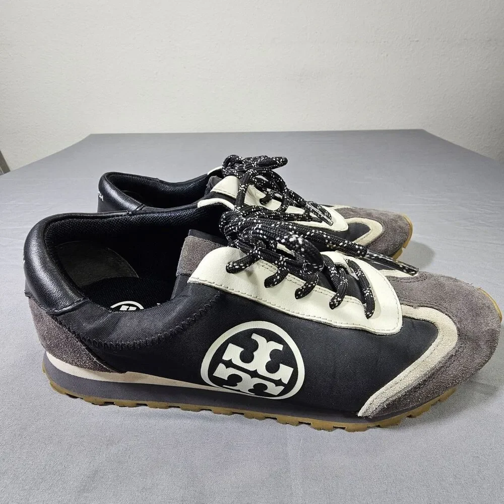 Tory Burch Annie Nylon Runner Sneakers Womens 8 M Black Grey Suede Double T Logo